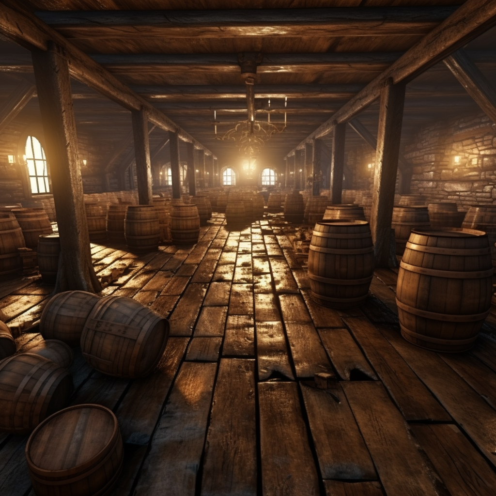 Wooden barrels in gaming MMO room