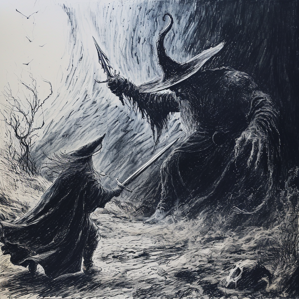 Gandalf battling Barlog in the dark fantasy realm