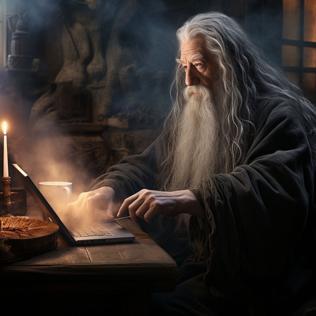 Gandalf sitting at computer smoking pipe