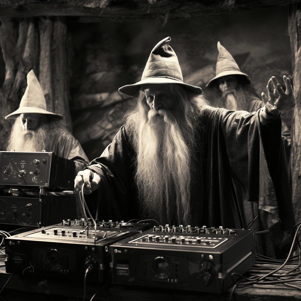 Gandalf DJing to orcs in black and white