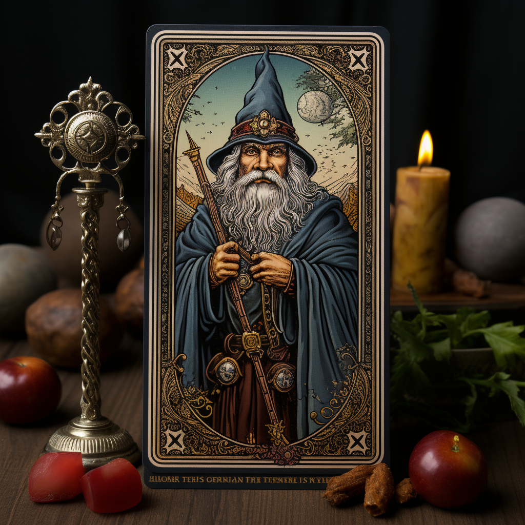 Vintage tarot card with Gandalf in mystic setting