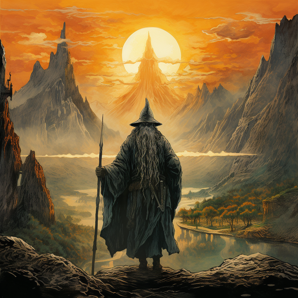 Gandalf the Gray descending from the mountain with the sun