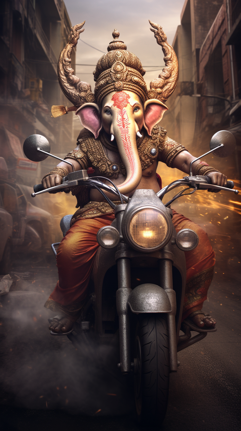 Realistic depiction of Lord Ganesh riding a motorcycle