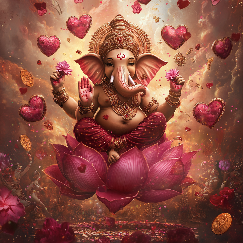 Ganesha Dancing Lotus Flowers Scene