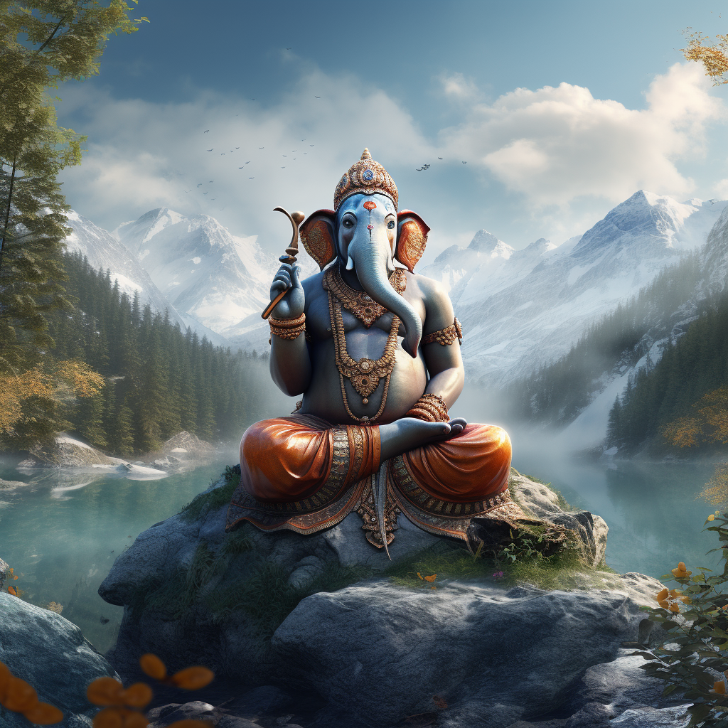 Ganesha with Peacock and Mouse near Mountains and River