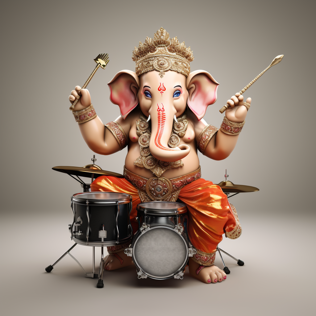 Detailed image of Hindu God Ganesha playing rock drums