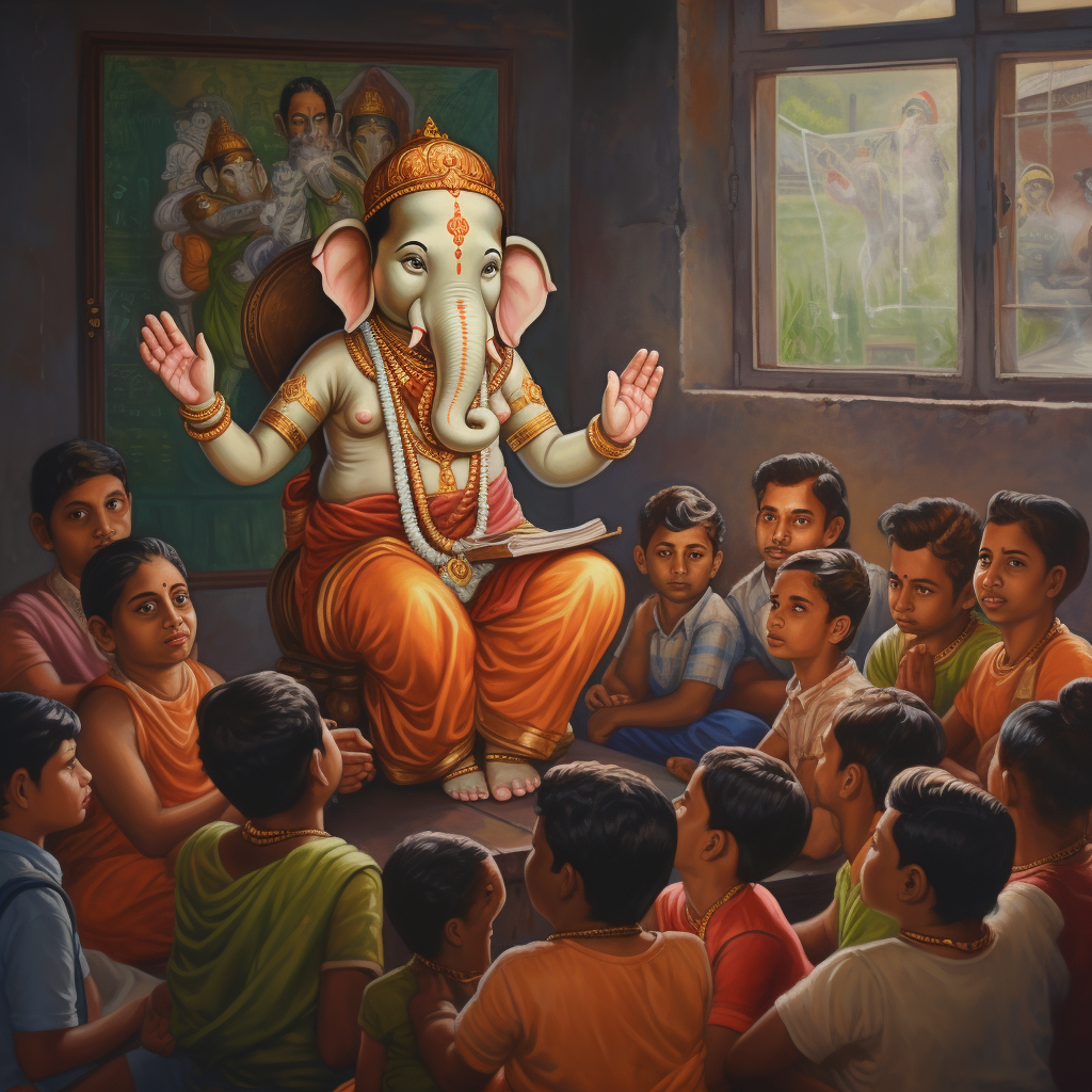 Lord Ganesha teaching students in school