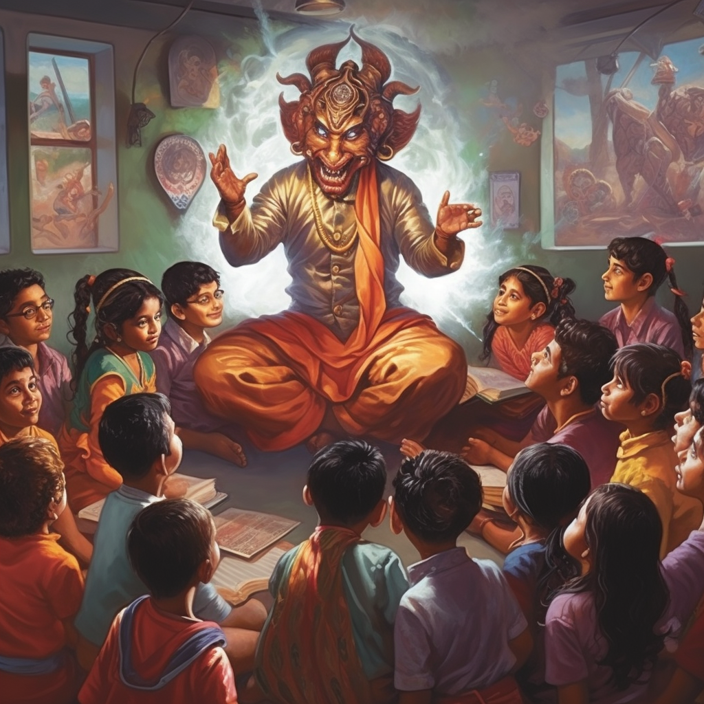 Ganesha teaching students in modern school