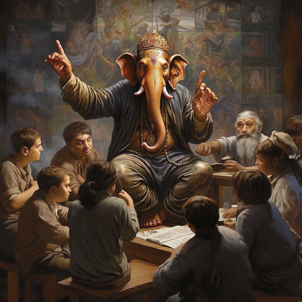 Ganesha teaching students with wisdom