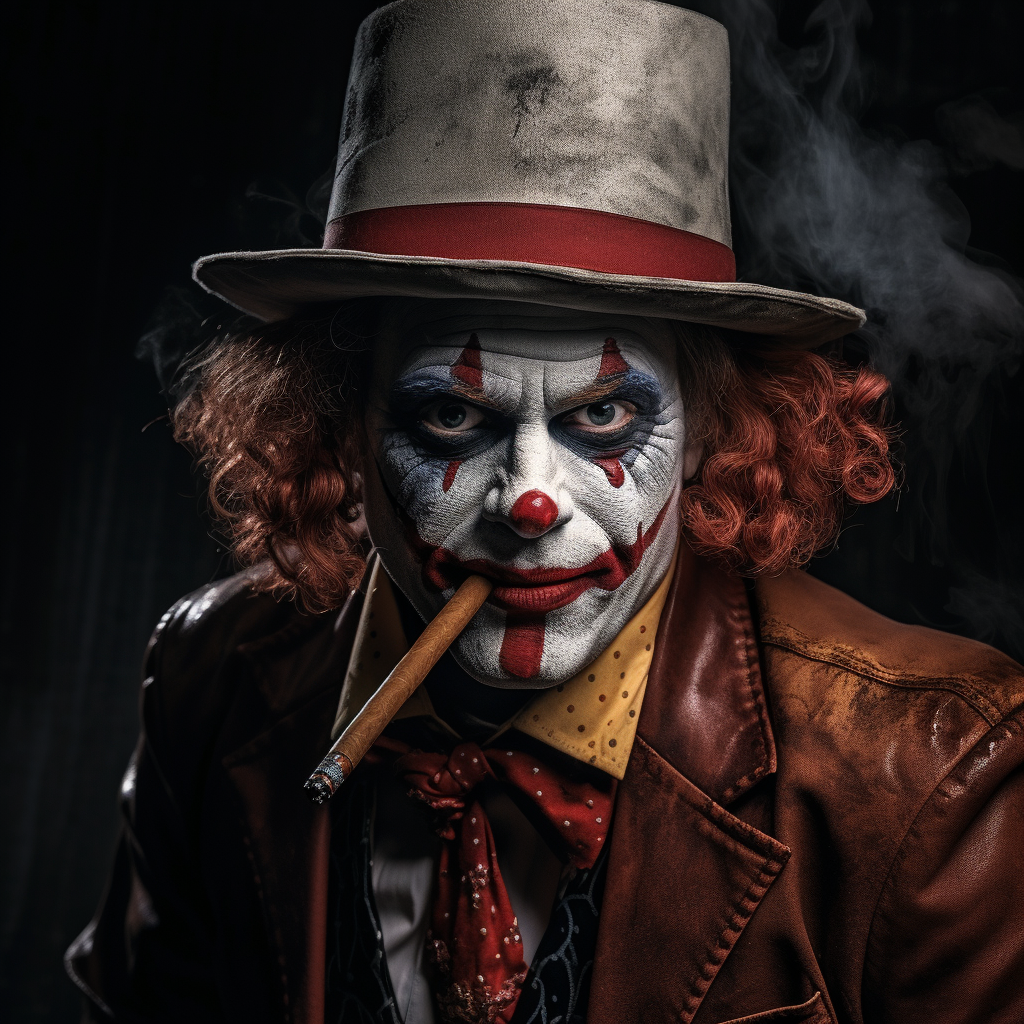 Hyperrealistic Gang Member Clown Smoking a Cigar