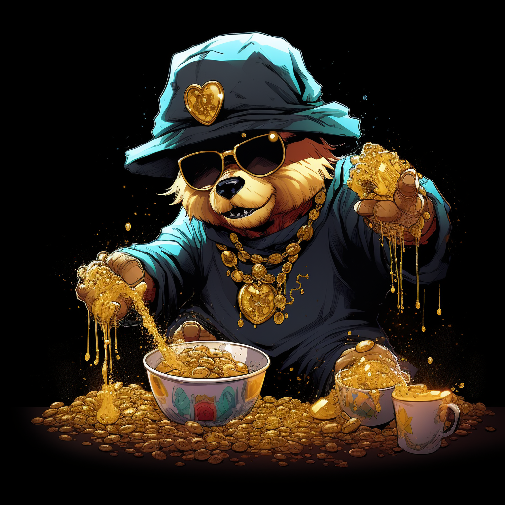 Cartoon gangsta teddy bear pouring gold cereal