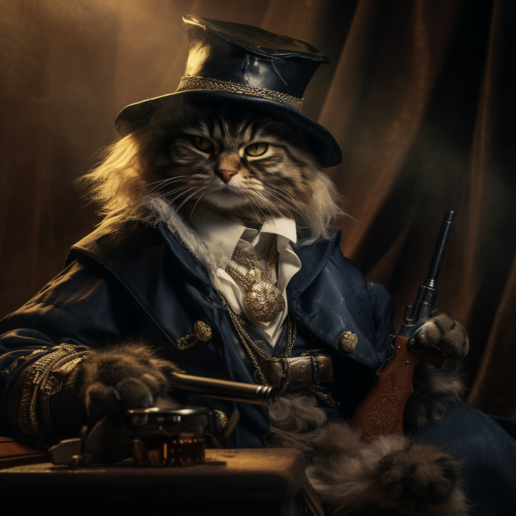 Gangster cat with cigar and revolver in bath