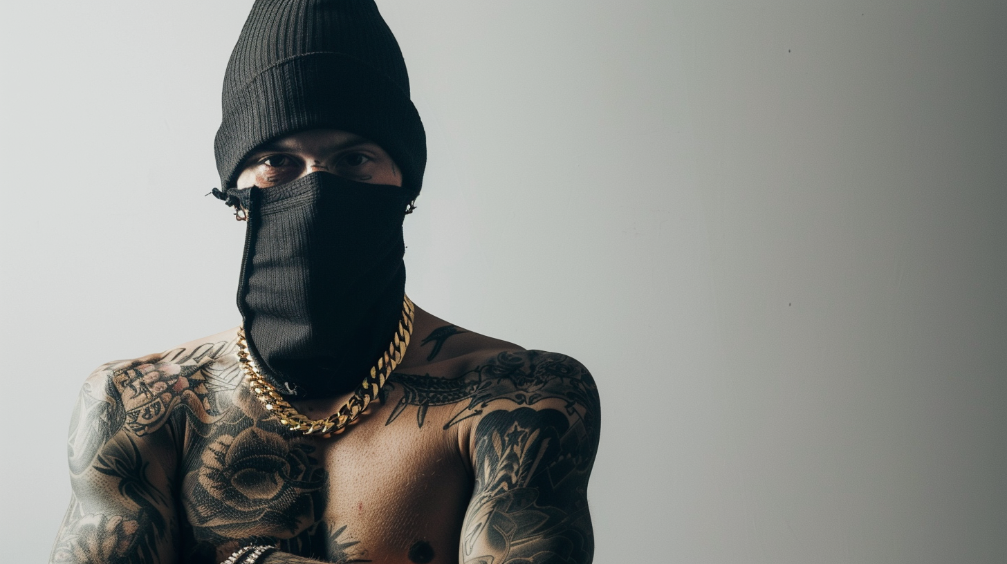 Gangster with ski mask and tattoos