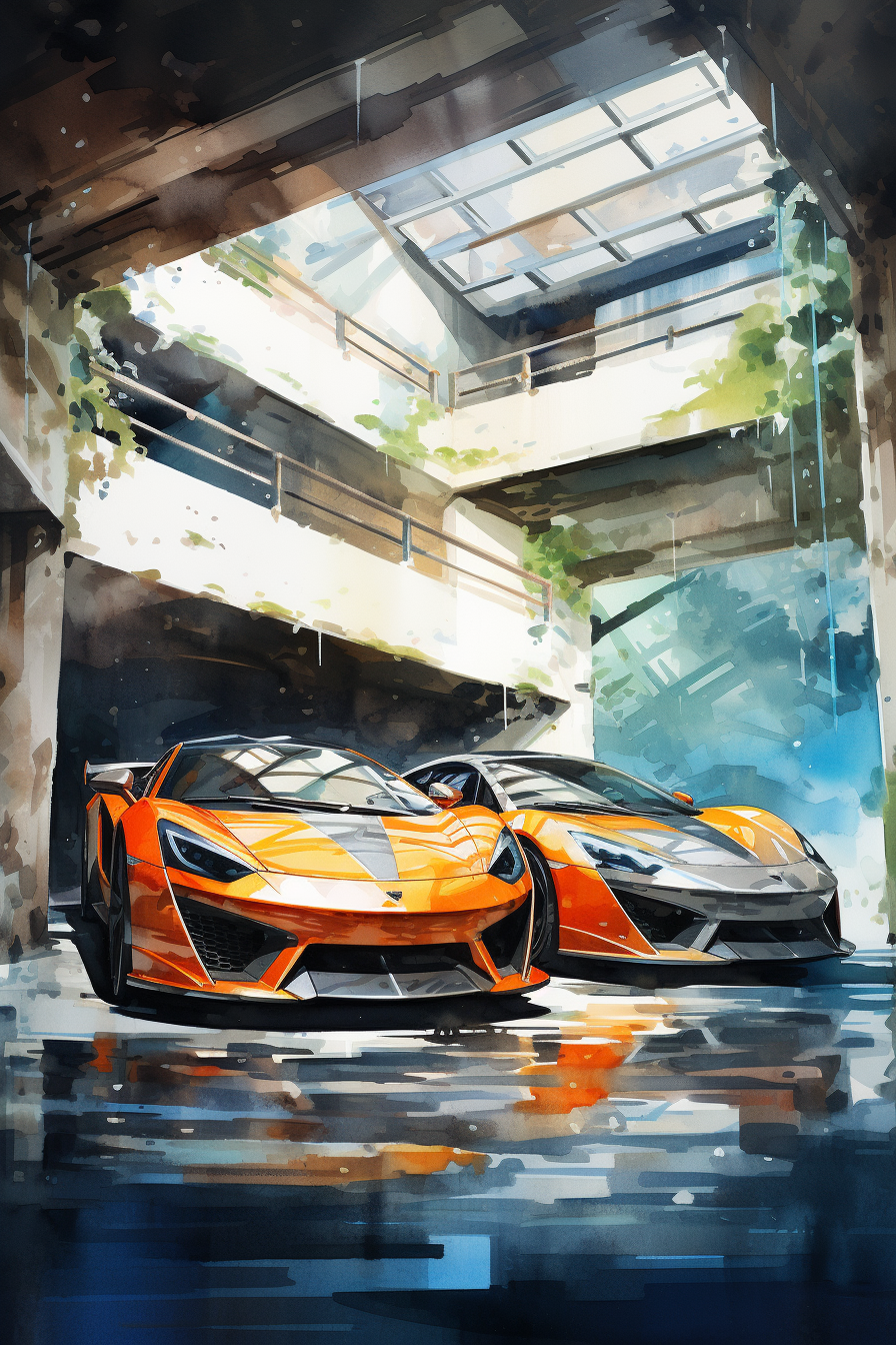 Watercolor rendering of luxury supercars parked in a garage