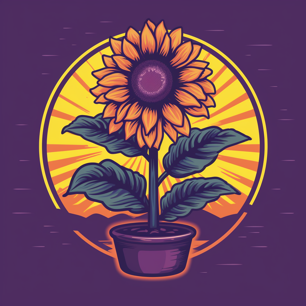 Sunflower-shaped potted plant at a purple sunset