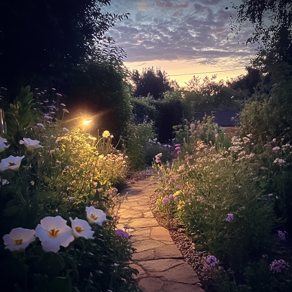 Twilight garden with glowing flowers