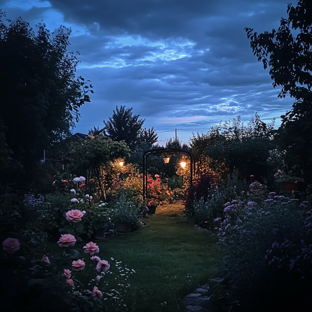 Twilight garden with glowing flowers