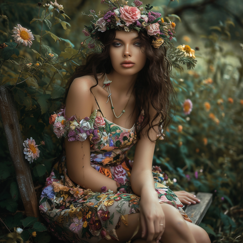 Woman with Flower Hair Sitting on Garden Bench