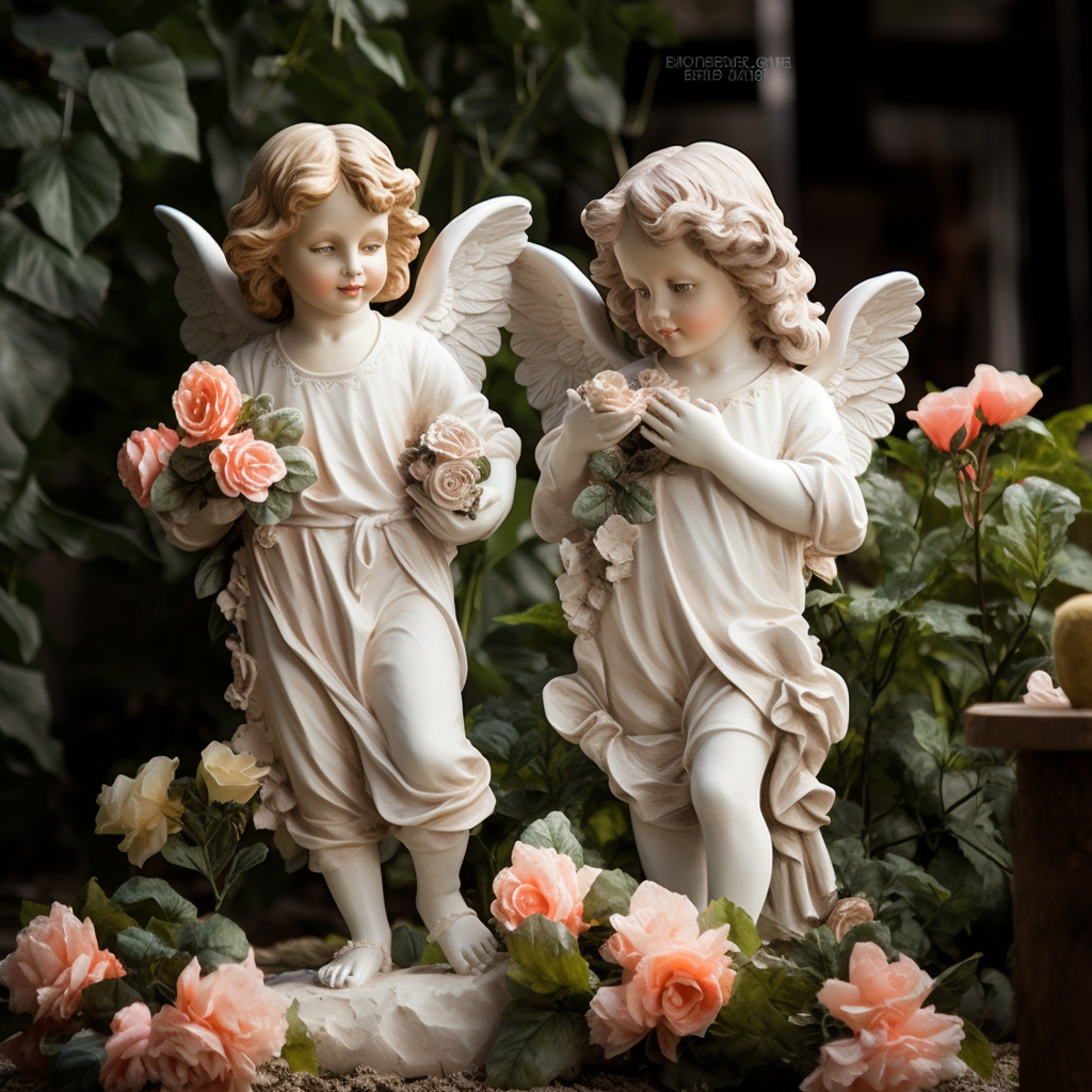 Cute angel kids surrounded by real garden flowers