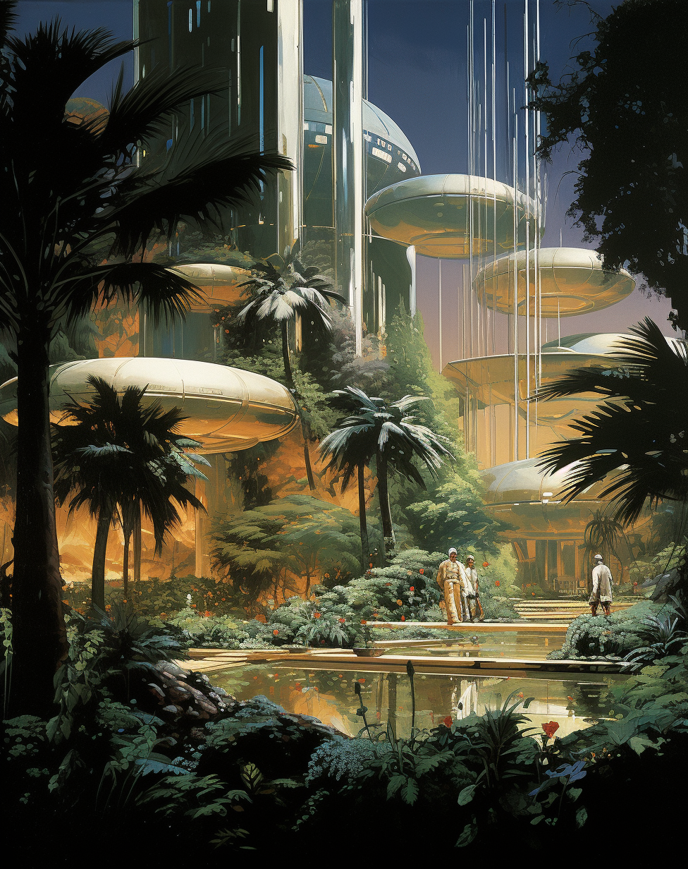 Beautiful sci-fi garden painting by Syd Mead