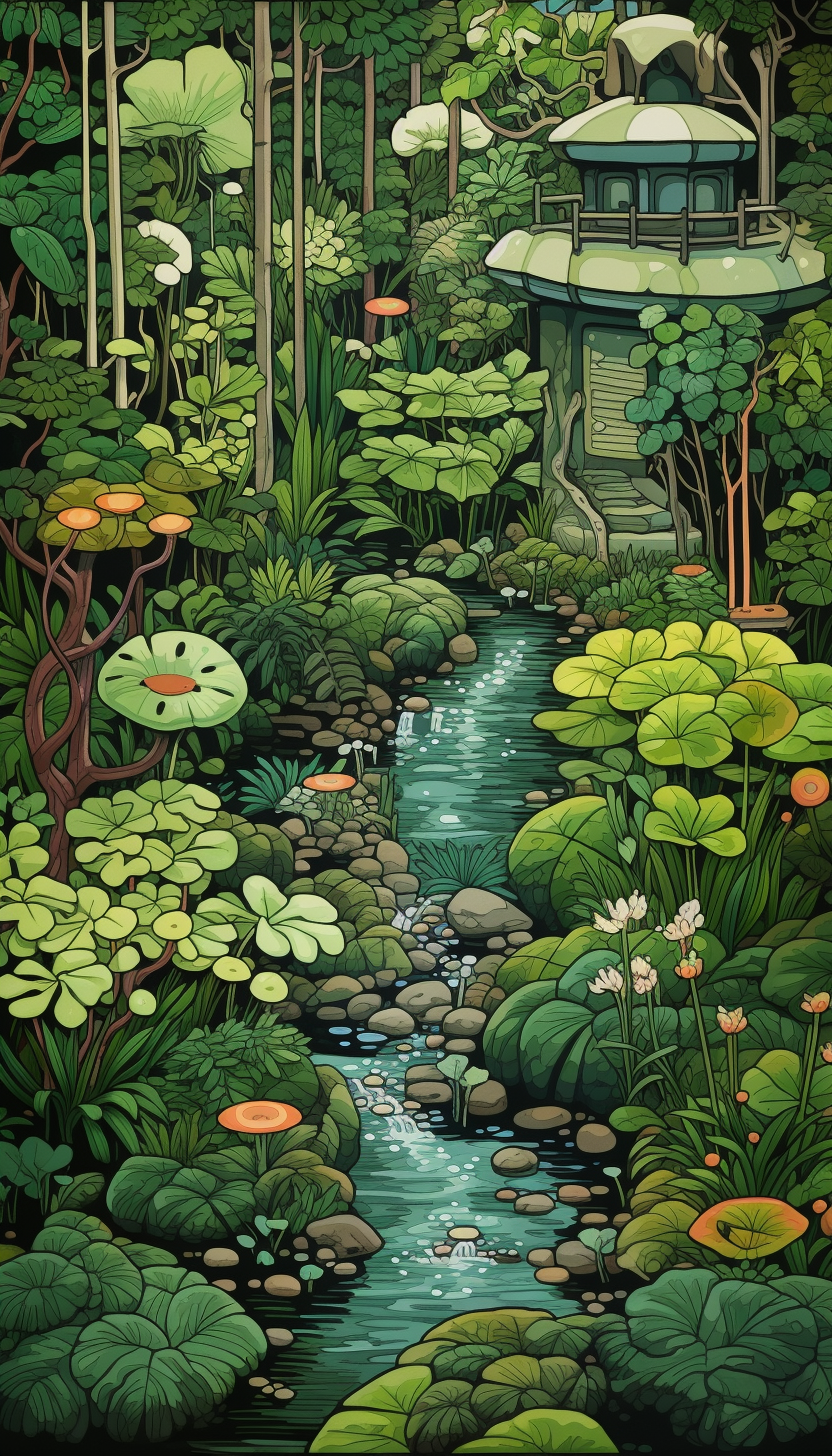 Serene garden scene in Miyazaki style