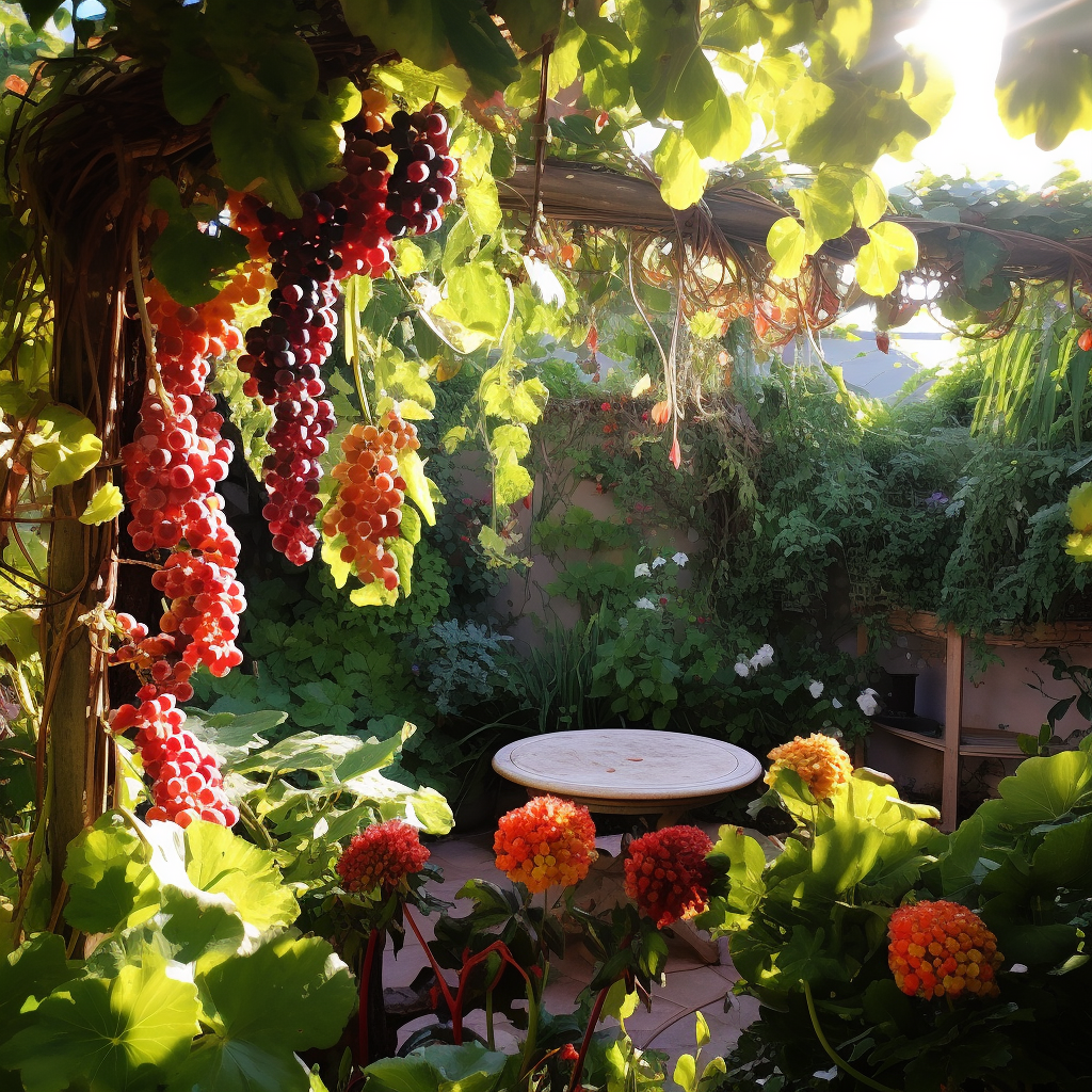 Lush garden with climbing vines and fruit trees