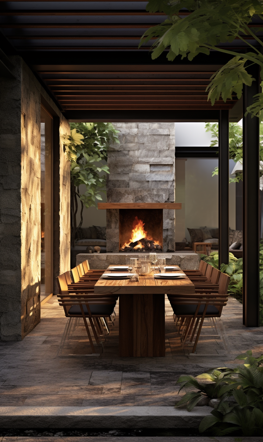 Exterior Dining Space with Fire Pit