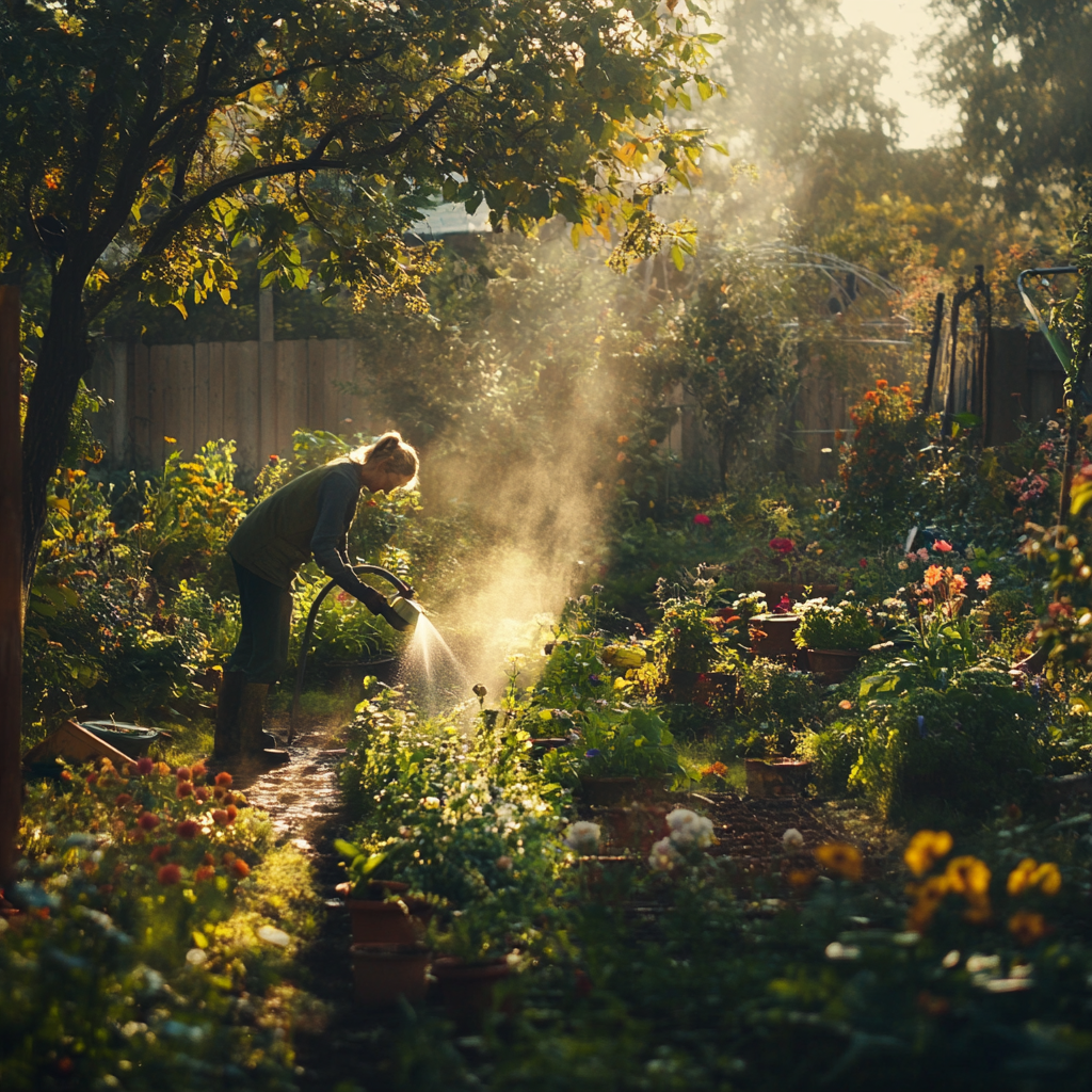 gardener watering plants morning sunlight