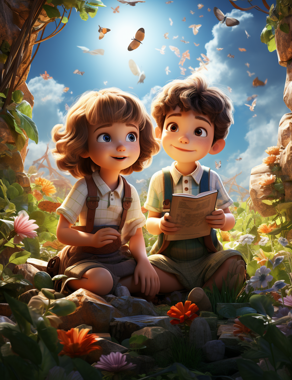 Two kids gardening under blue sky