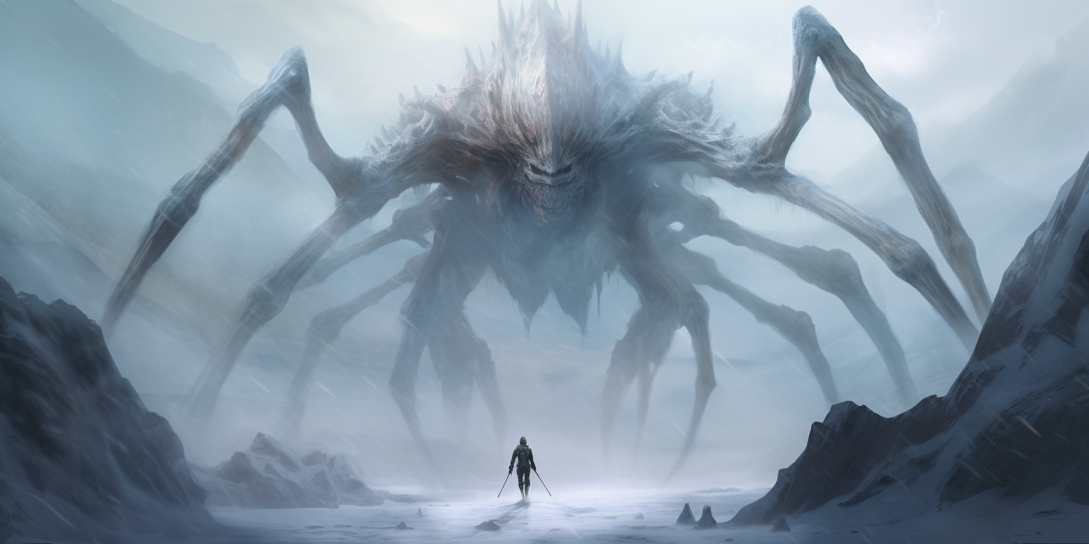 Massive Ice Spider Walking in Blizzard