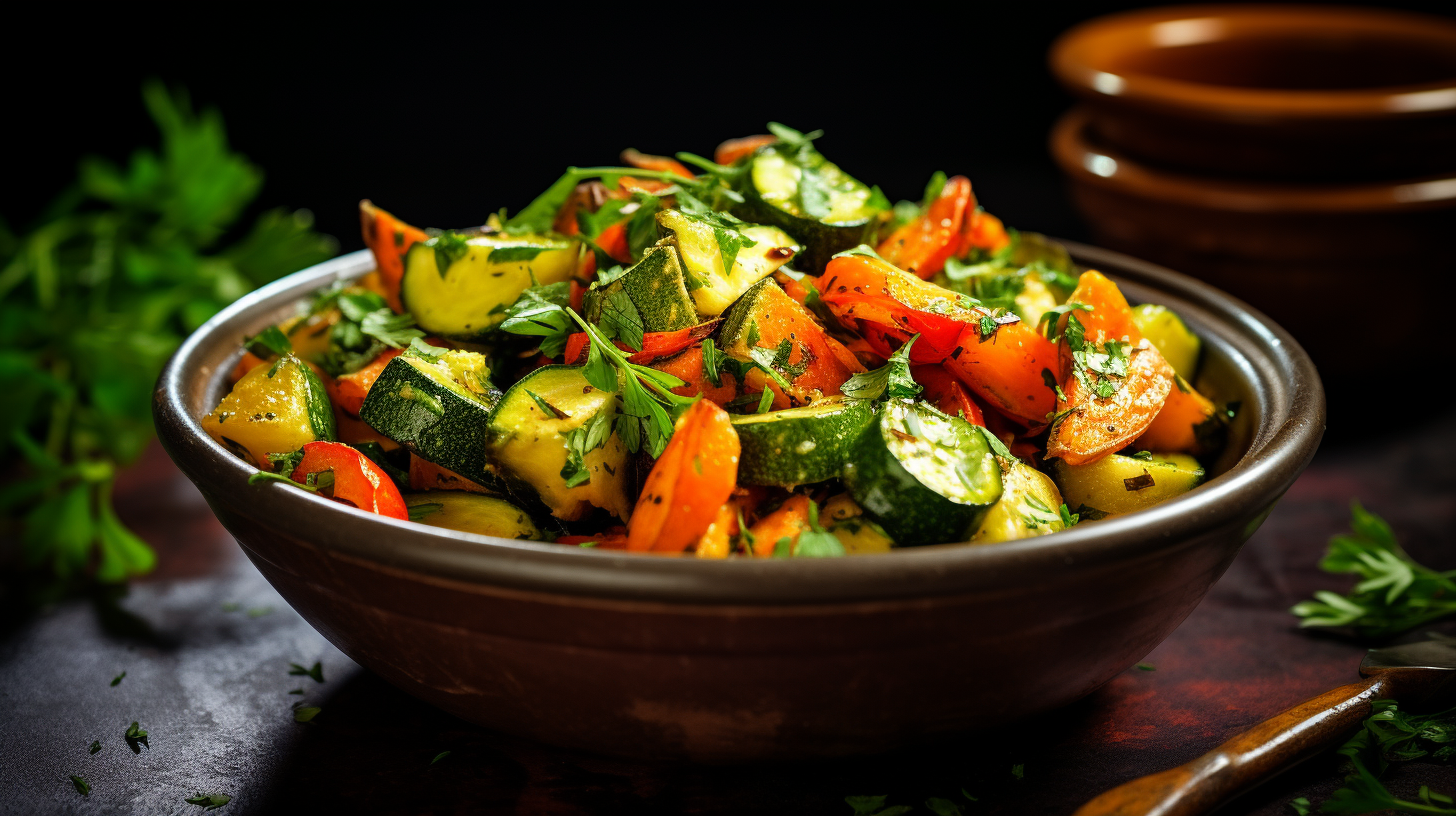 Colorful garlic herb roasted vegetable salad on plate