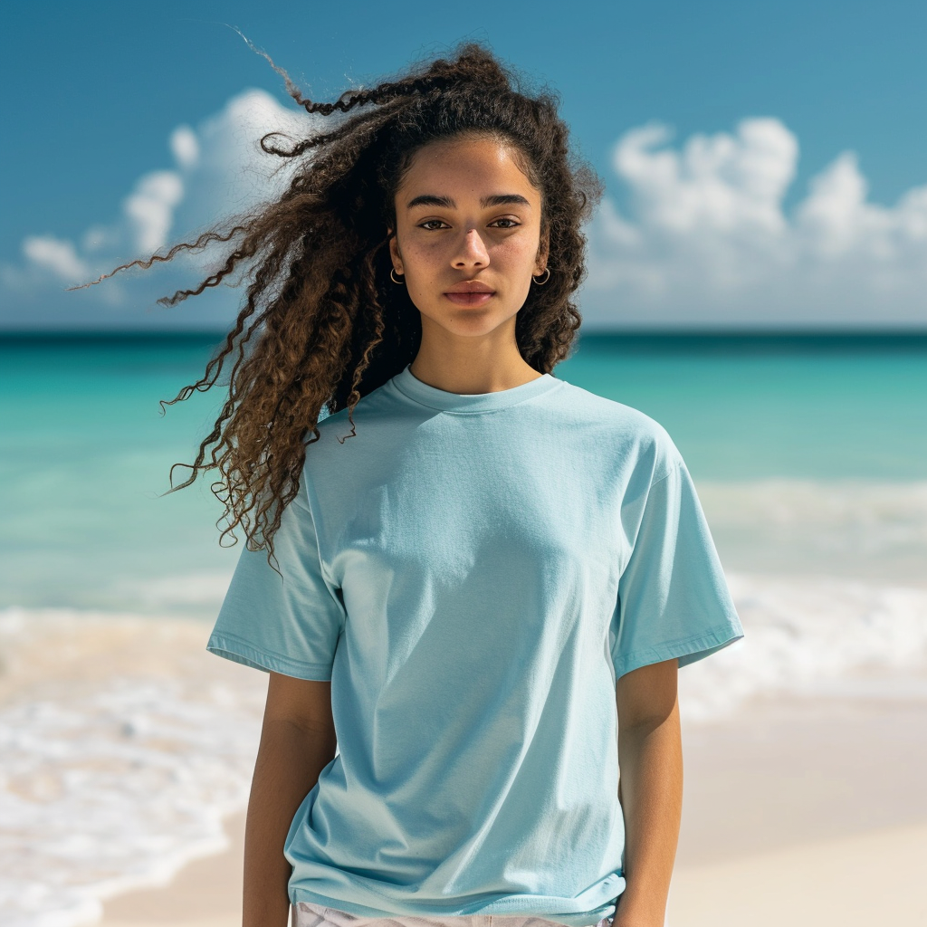 Beachy Model Wearing Light Blue T-Shirt