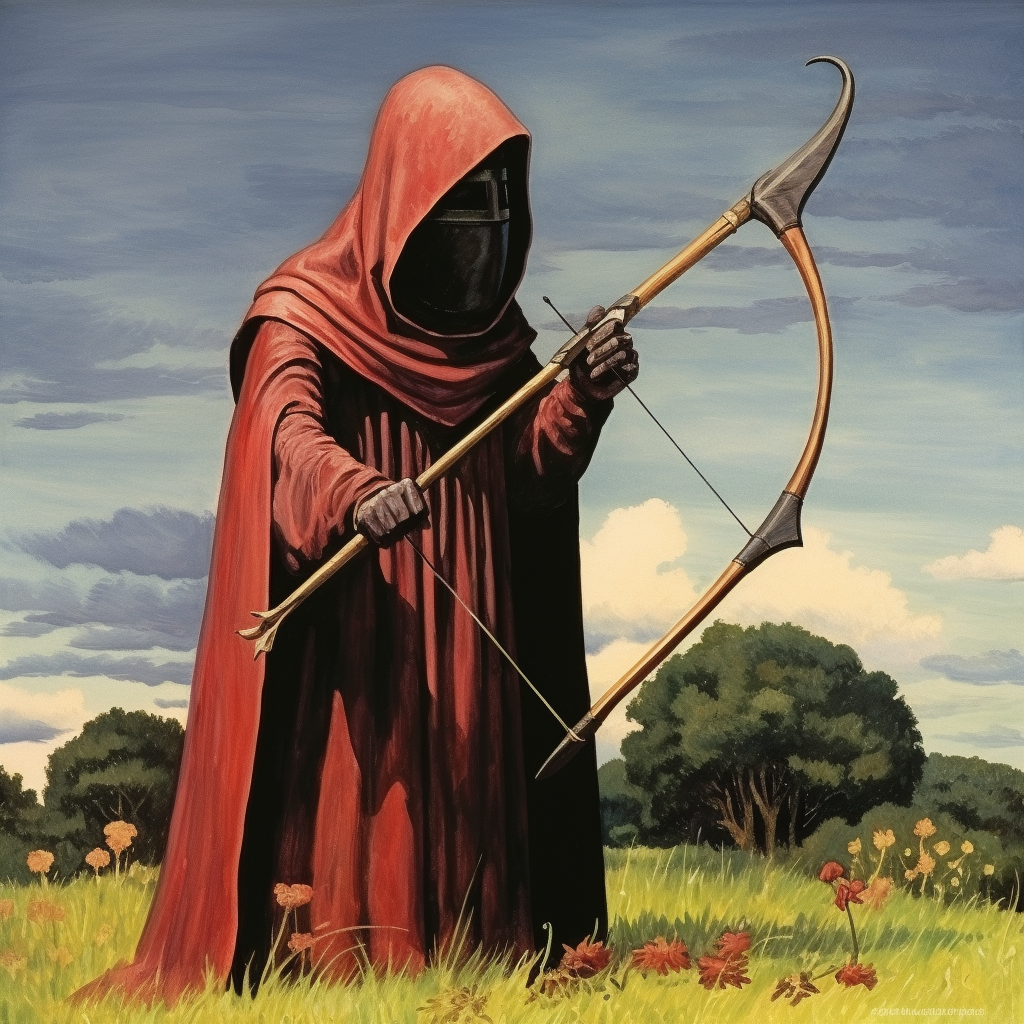 Humorous image of a robed man with a crossbow