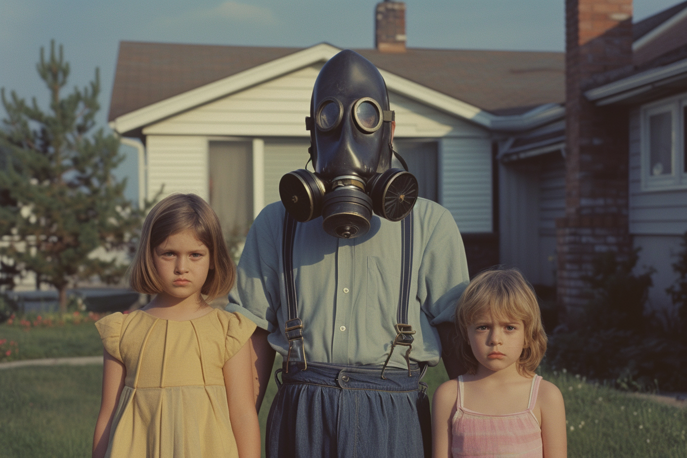 Gas Mask Man with Puzzled Children