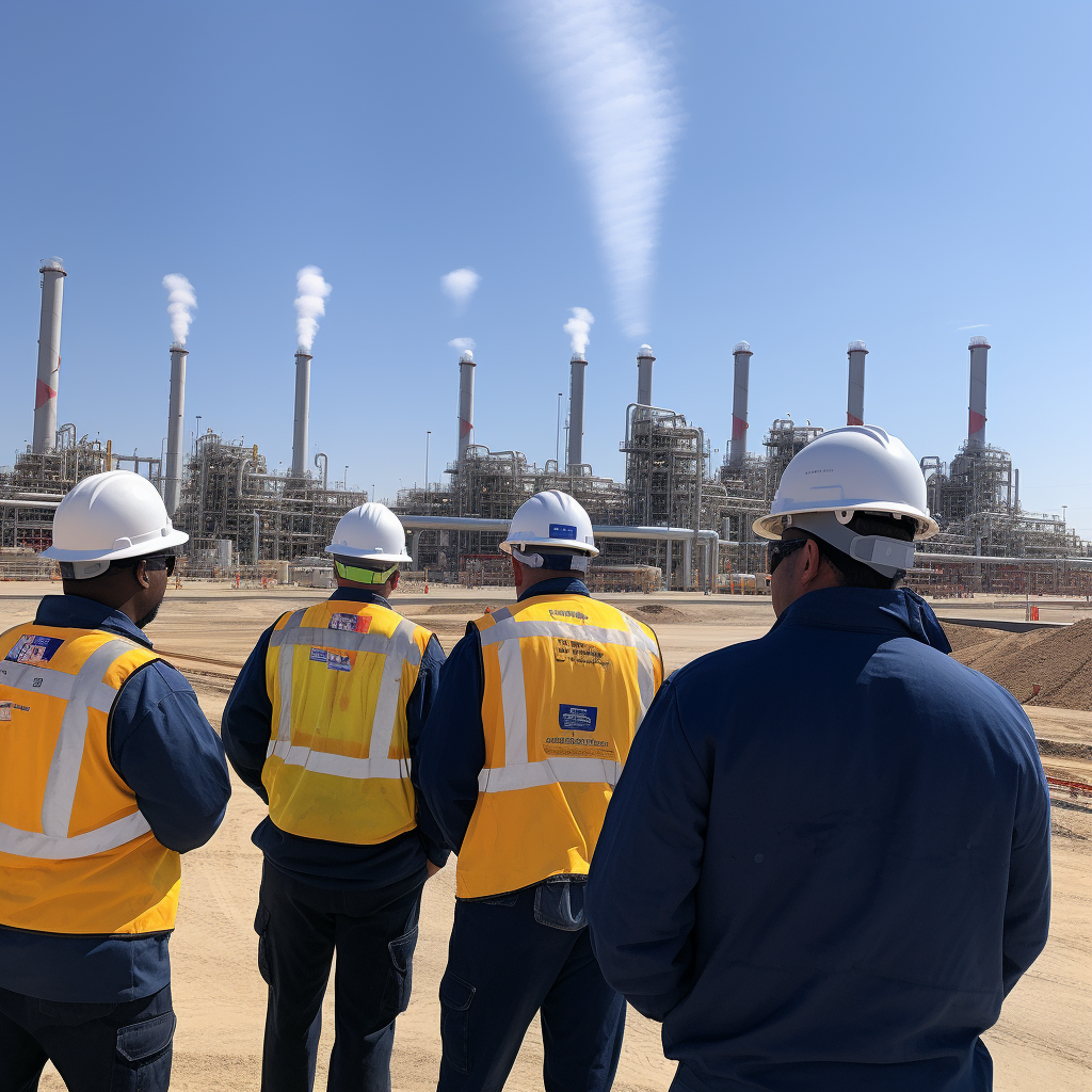 Group of Workers in Blue Tops at Gas Power Plant