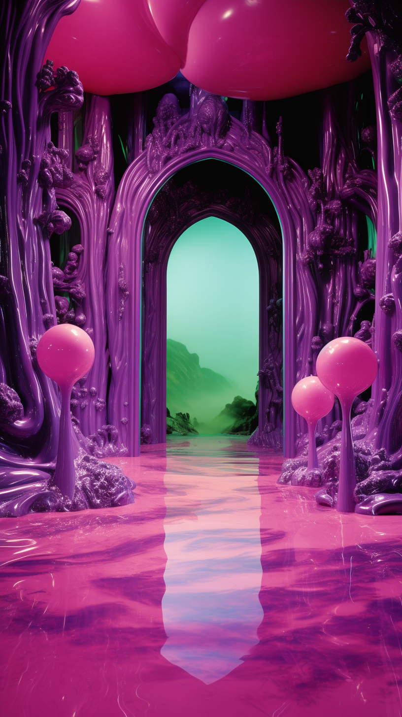 Colorful gate of hell with shiny latex and eggplants