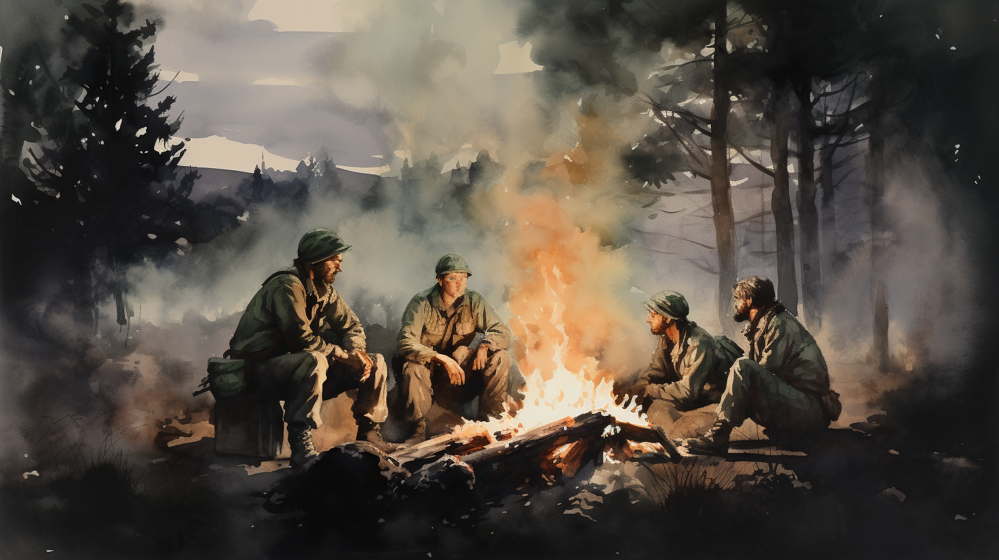 Silhouettes of soldiers around a night fire