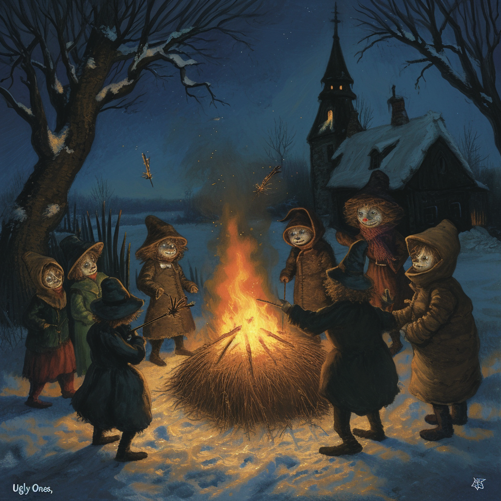 Gathering of the  Ugly Ones  burning the winter straw doll