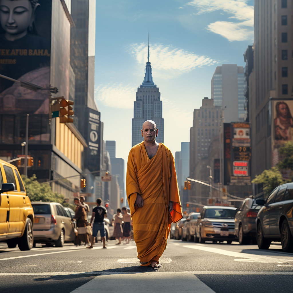 Peaceful Gautama Buddha walking in Manhattan's street