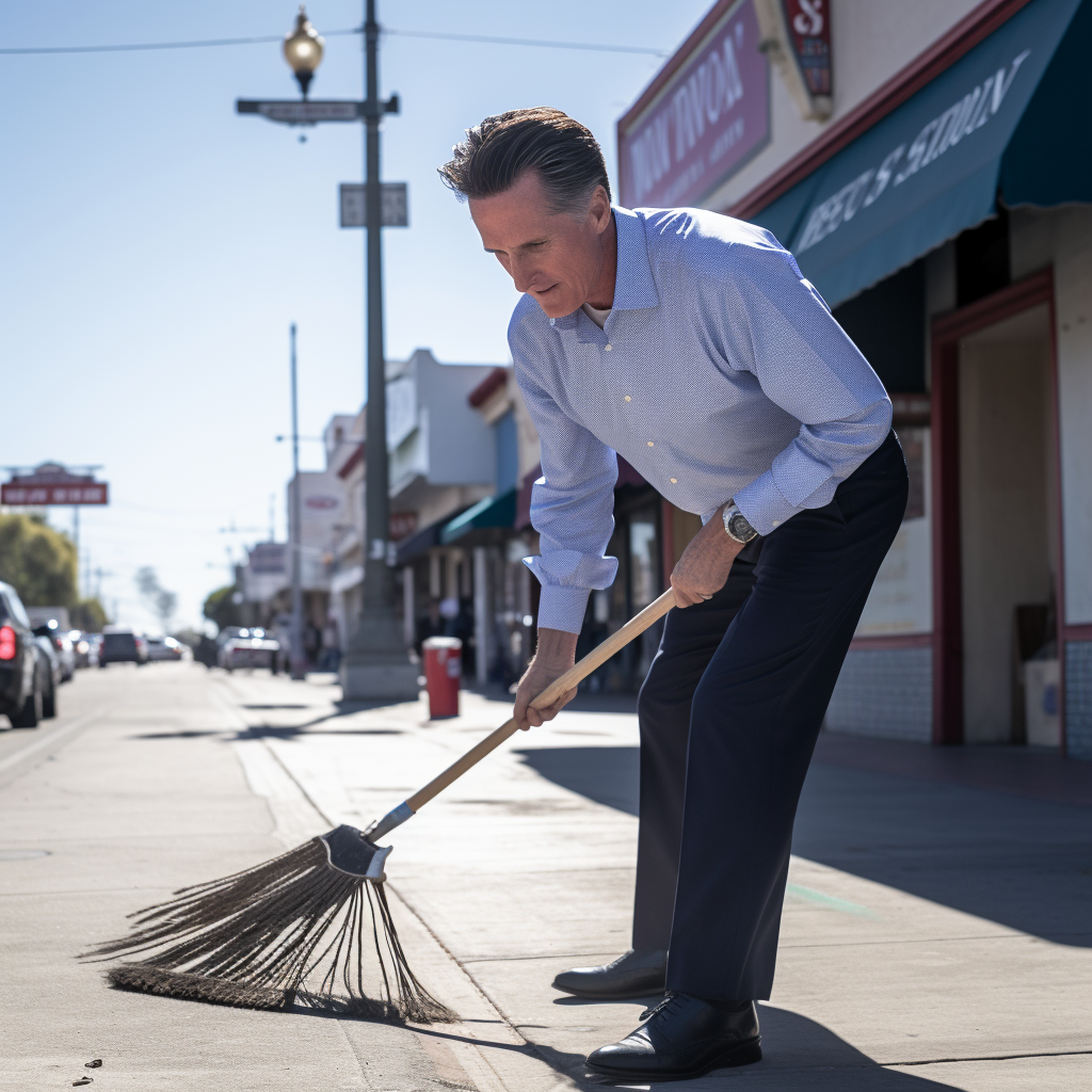 Gavin Newsom cleaning street with broom