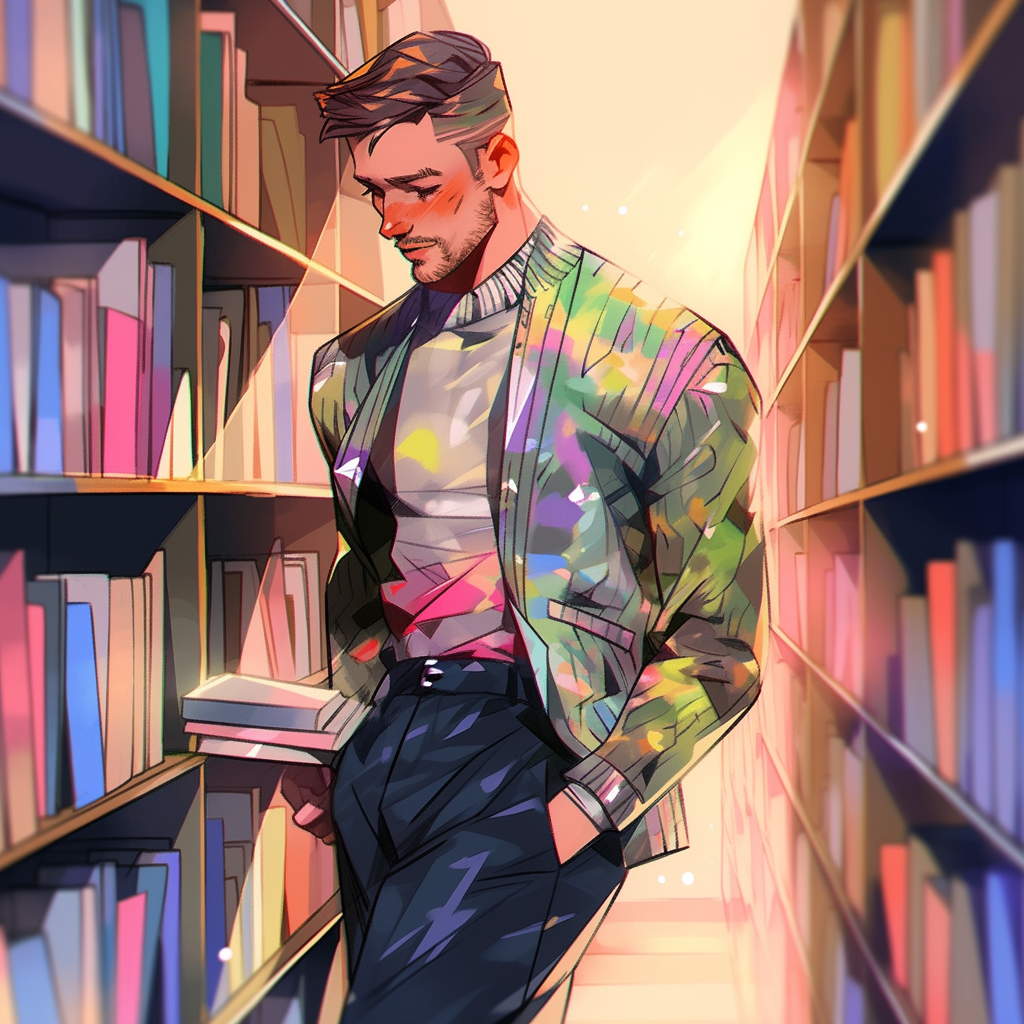 Colorful gay college professor in library