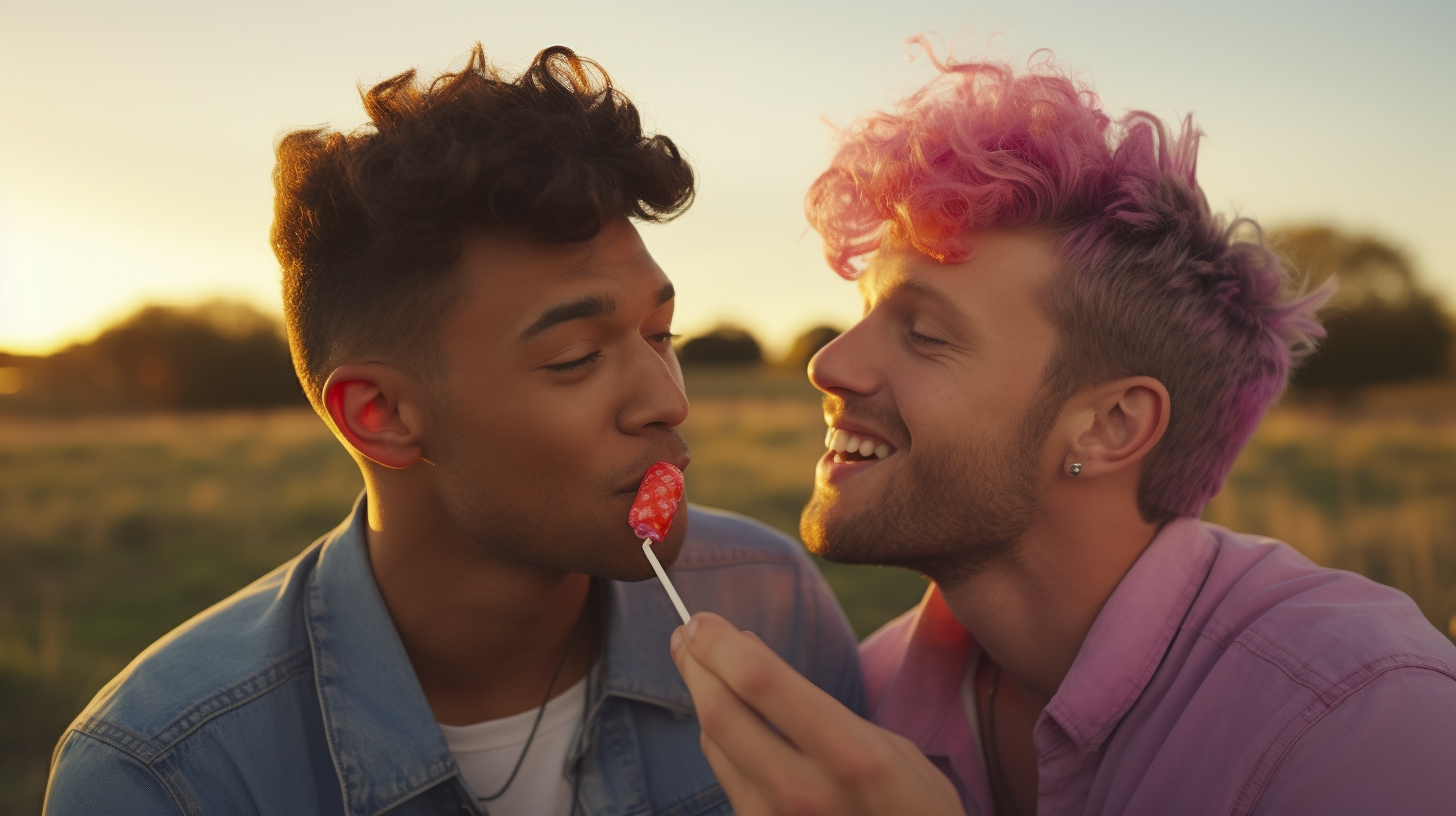 Gay couple enjoying lollipop together