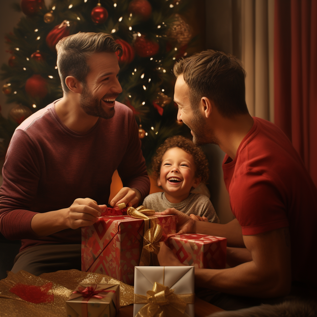 Gay Dads Admiring Child Opening Christmas Gift