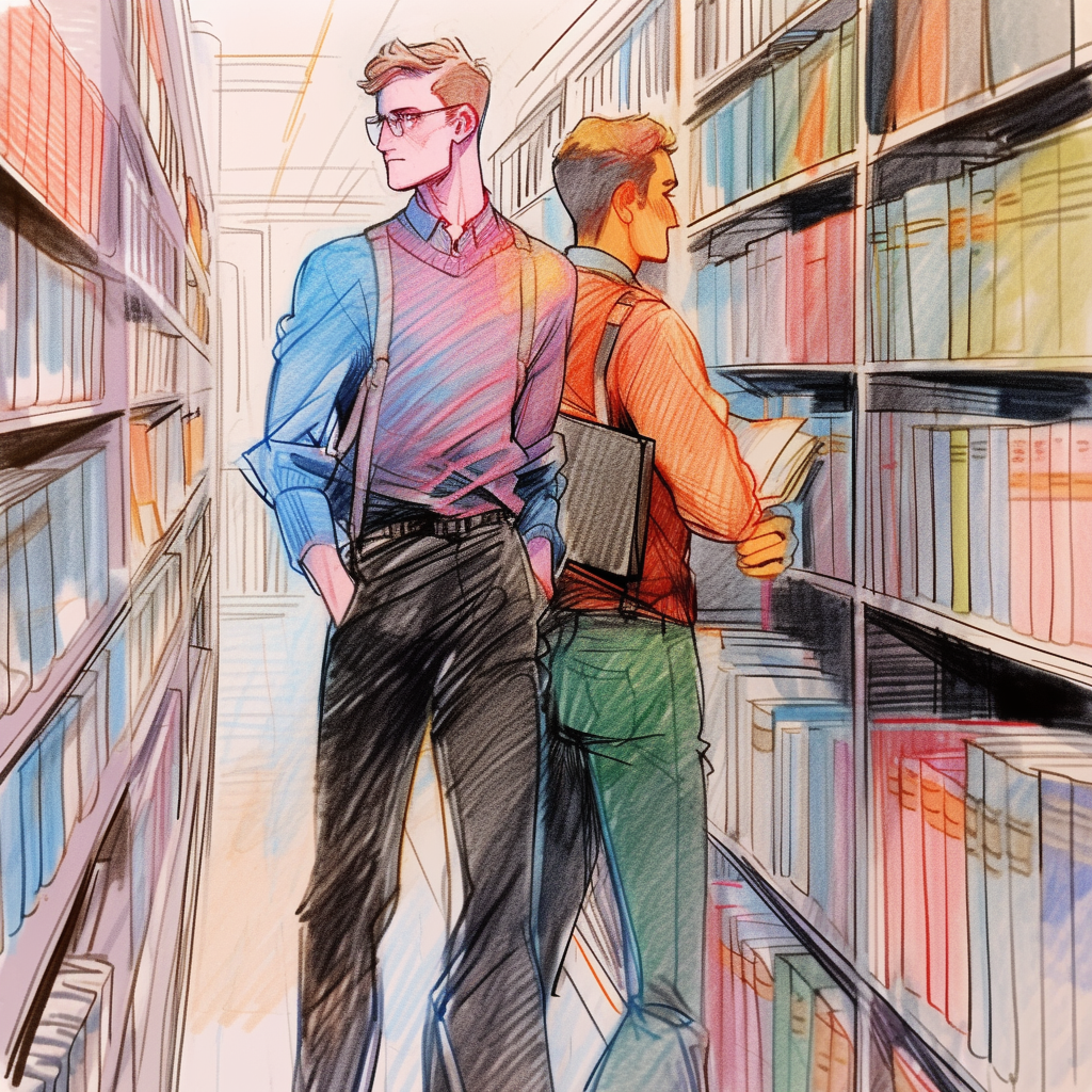 Gay male professor in library sketch