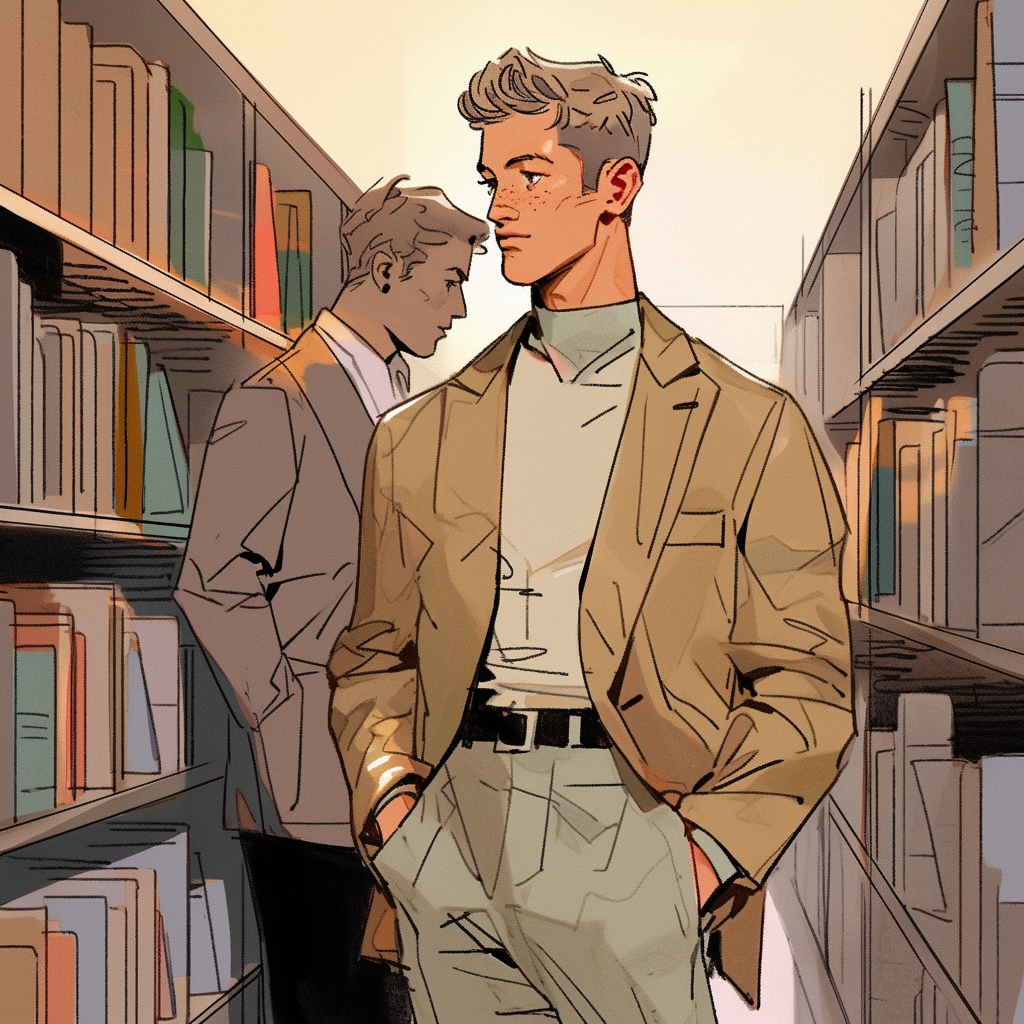 Gay male professor walking in school library