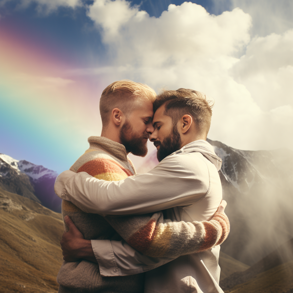 Gay men embracing with mountainscape and rainbow