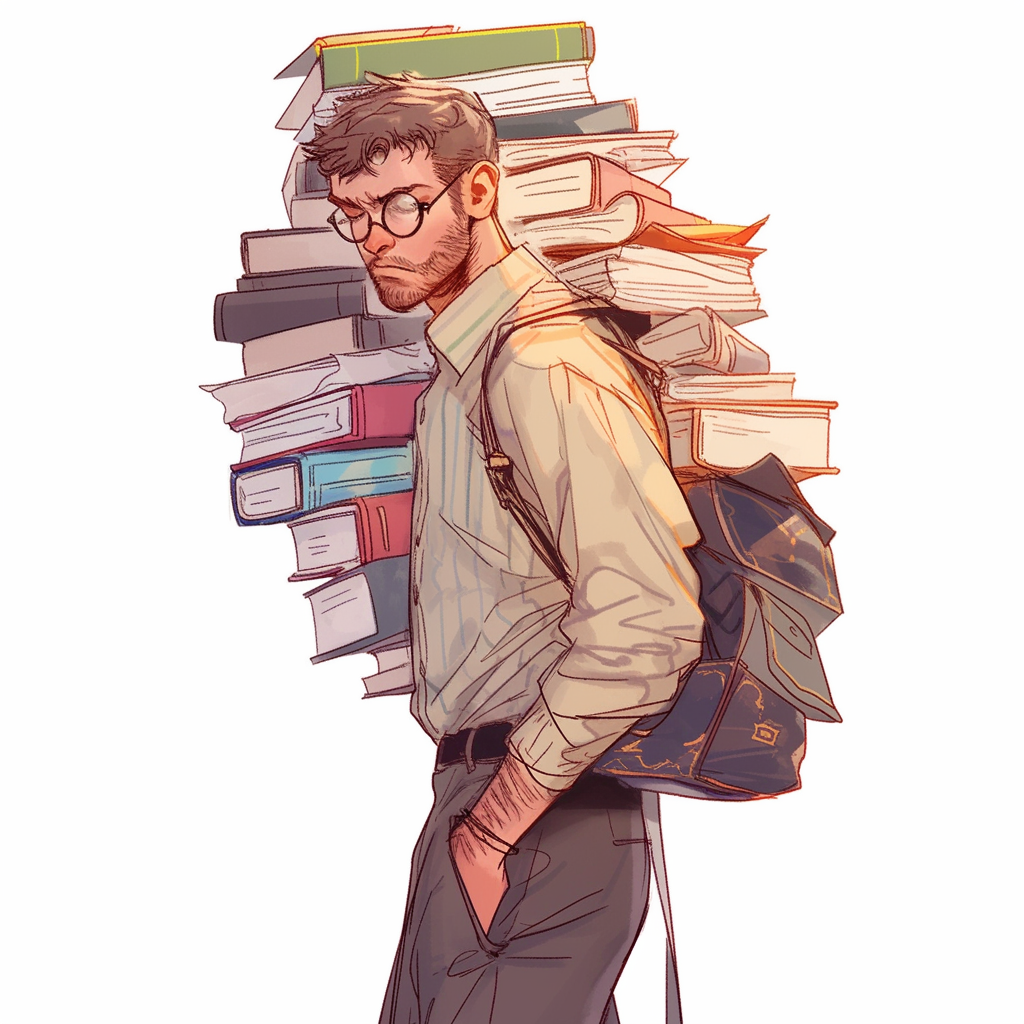 Gay professor carrying books in library sketch