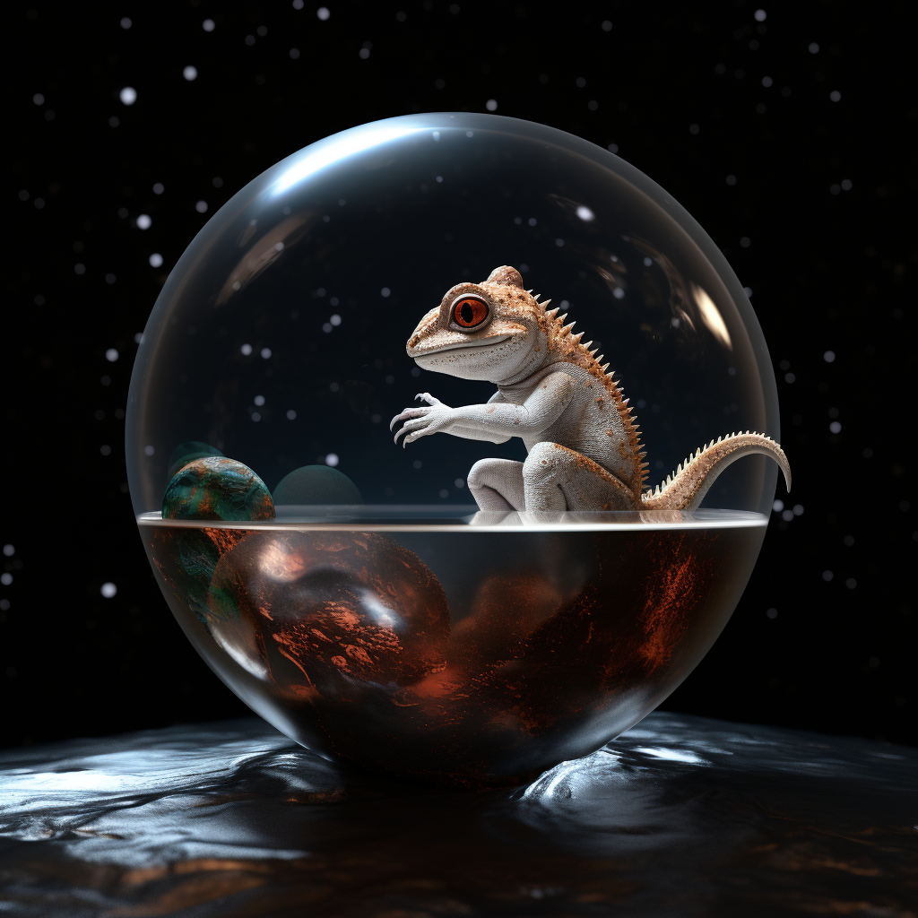 Gecko drinking coffee in space