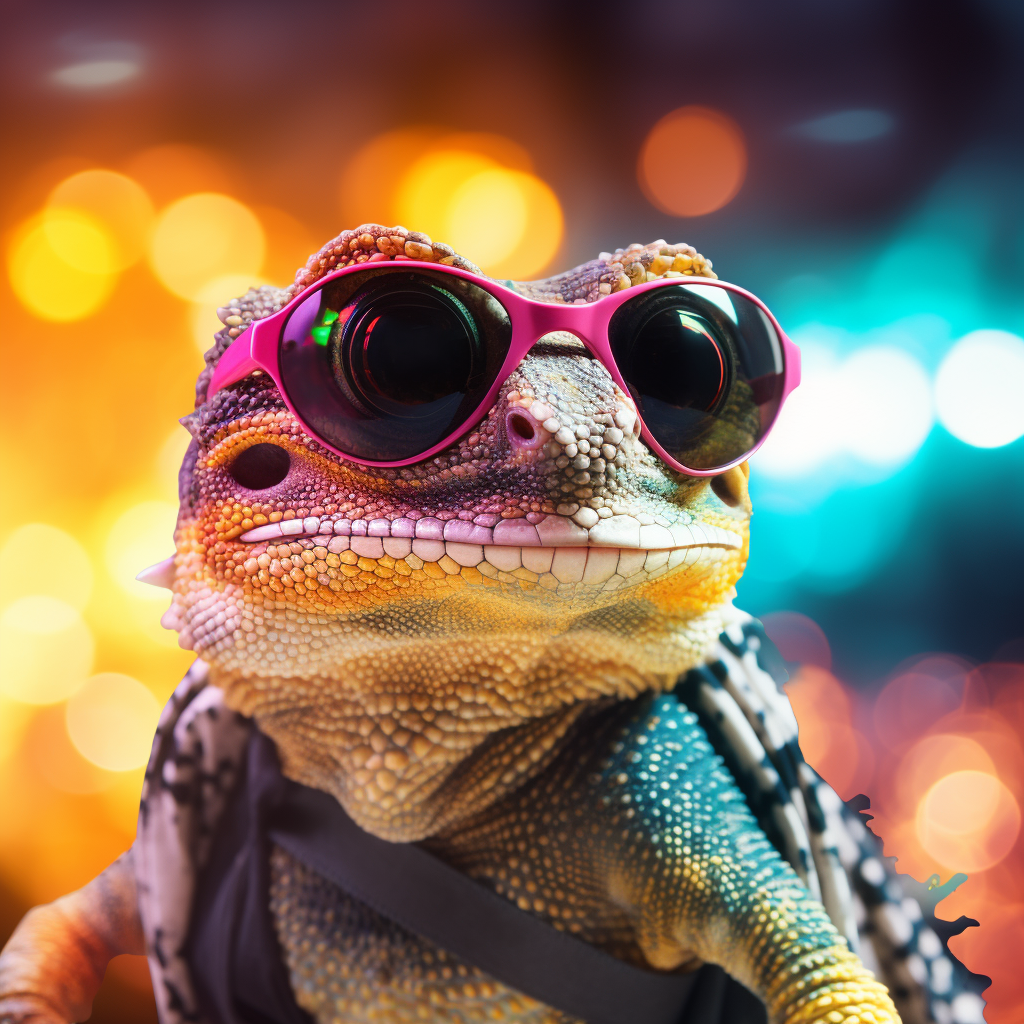 Gecko wearing neon sunglasses at a rave