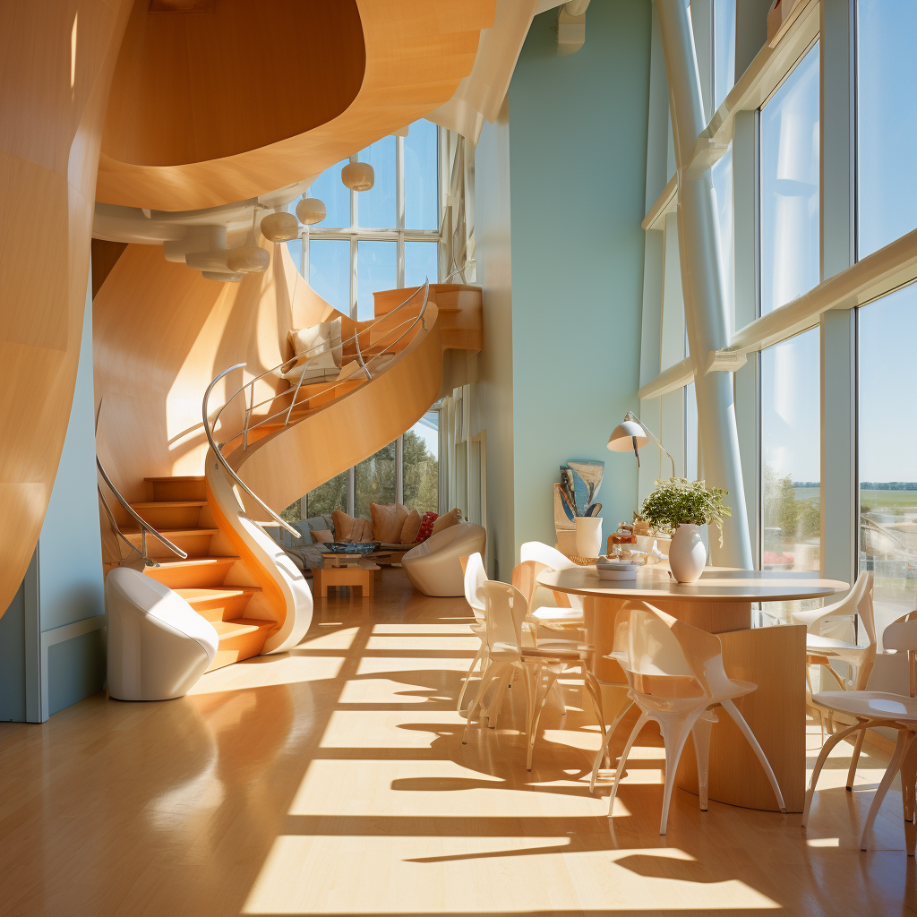 Aerial view of Gehry Tower surrounded by sea